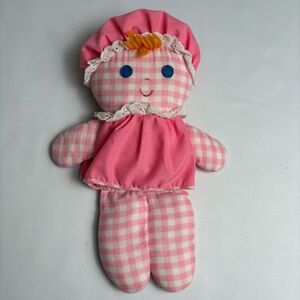 Vintage Fisher Price Lolly Pink Checkered Doll with Bonnet and Rattle